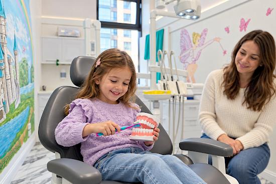 Ребёнок учится чистить зубы на модели в детском кабинете DentDeco.